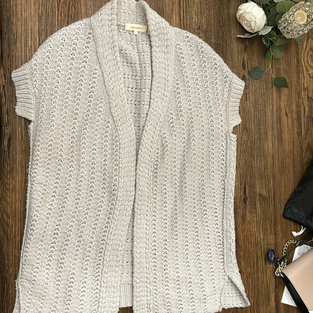 Inhabit Women's Cotton Wool Blend Short Sleeve Open Front Cardigan Gray Size 1